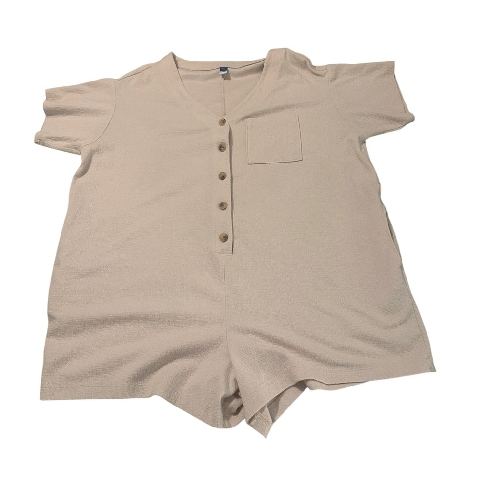 Old Navy Womens 2X Beige Crosshatch Button Front Short Sleeve Romper 820655-05